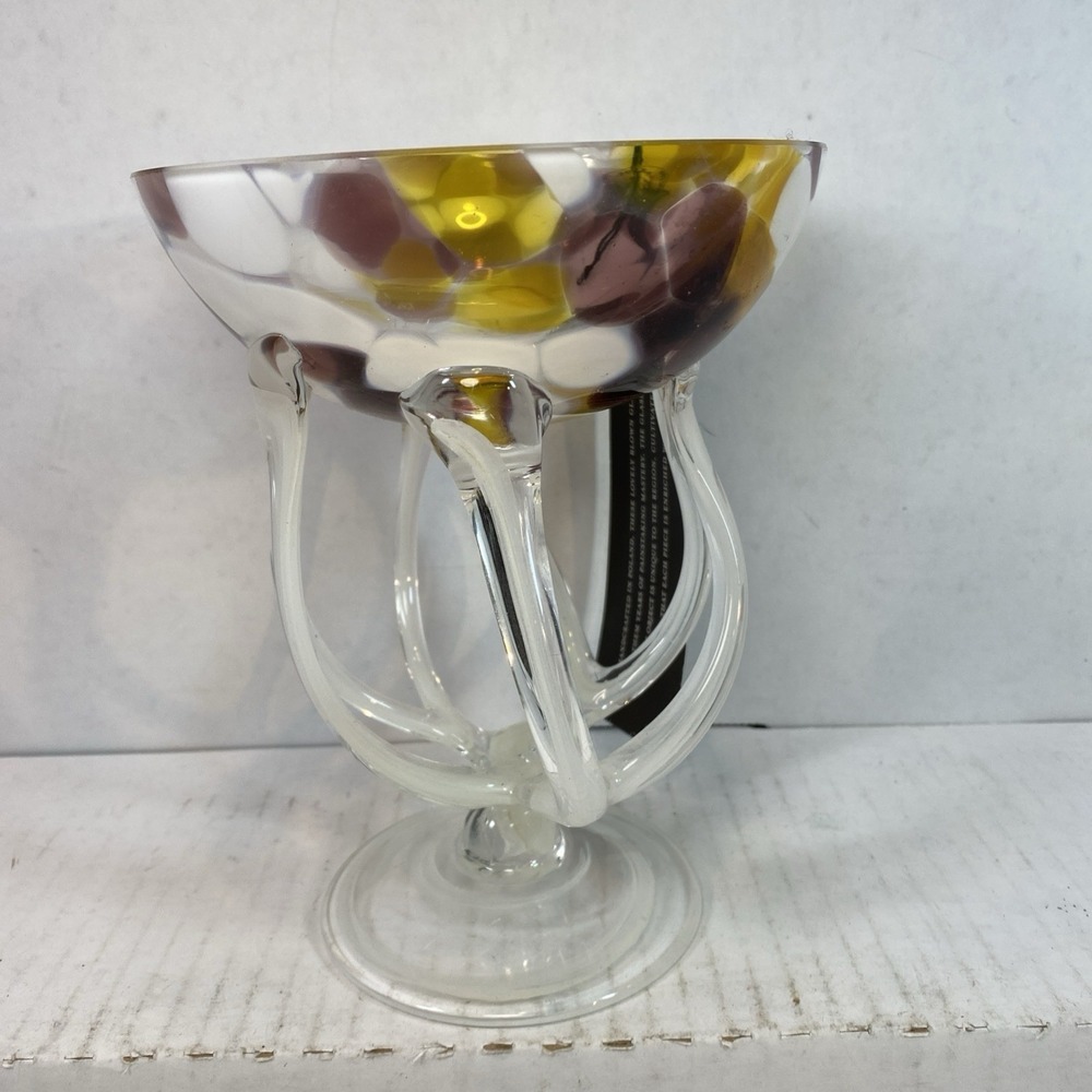 Zorza Hand Blown‎ Art Glass Jellyfish Pedestal Bowl, Poland 7.2" With Tag